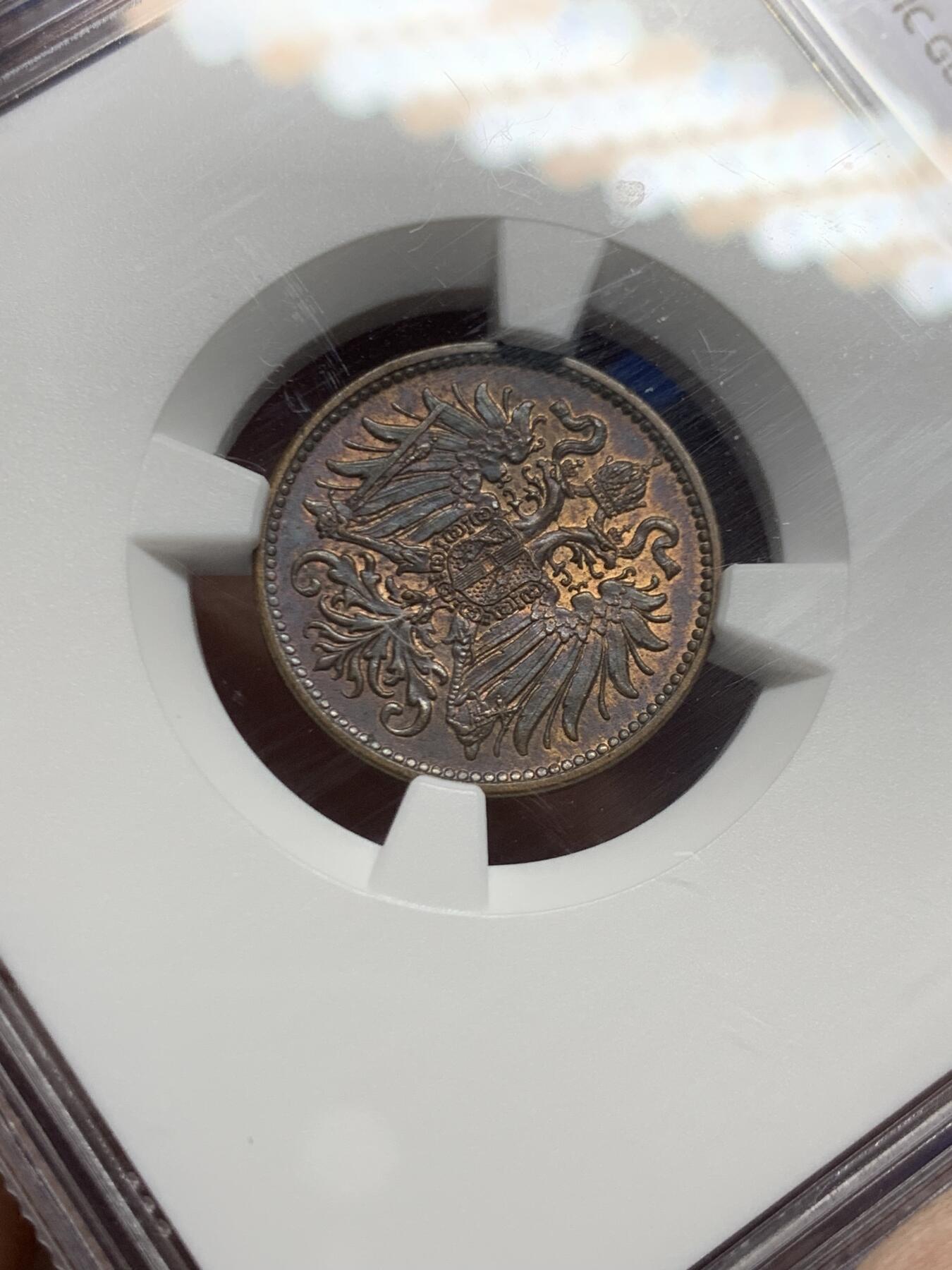 《竞宝斋》第467场 周日，周一 2场连拍 （全场包邮）欢迎送拍 NGC MS62BN 奥地利1914年弗朗茨·约瑟夫一世2H铜币