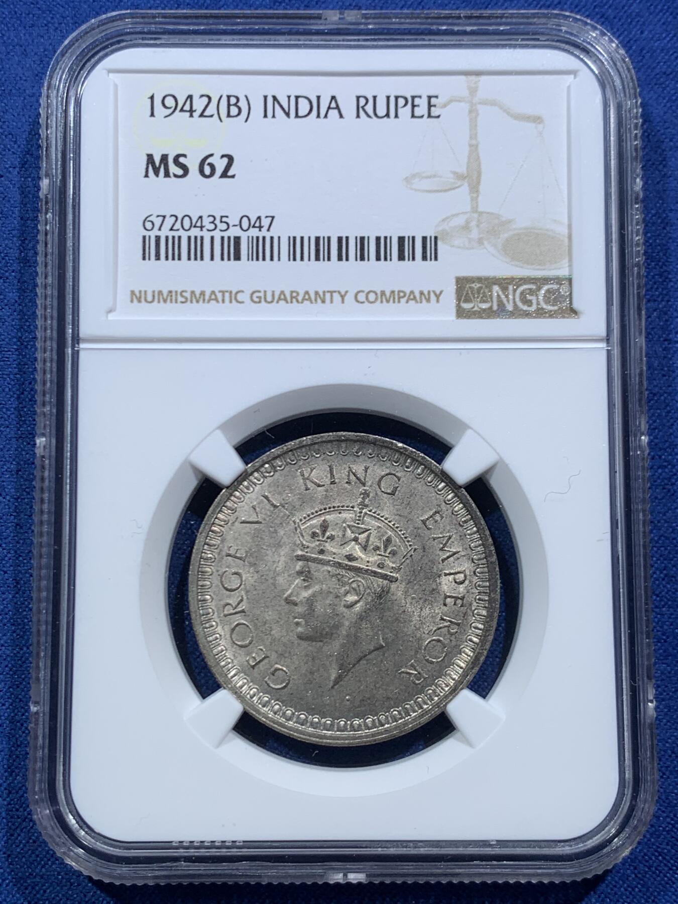 《竞宝斋》第467场 周日，周一 2场连拍 （全场包邮）欢迎送拍 NGC MS62 英属印度1942年乔治六世1卢比银币