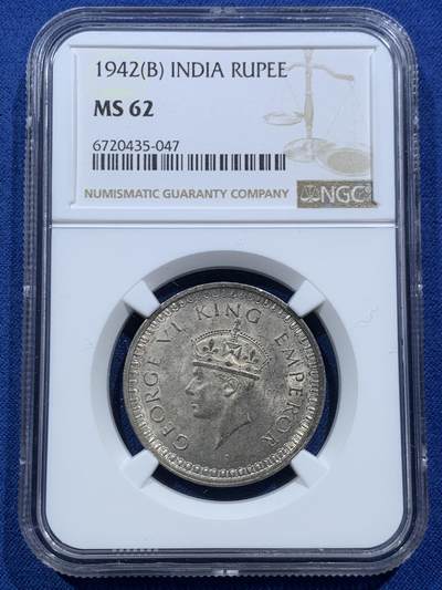 《竞宝斋》第467场 周日，周一 2场连拍 （全场包邮）欢迎送拍 - NGC MS62 英属印度1942年乔治六世1卢比银币