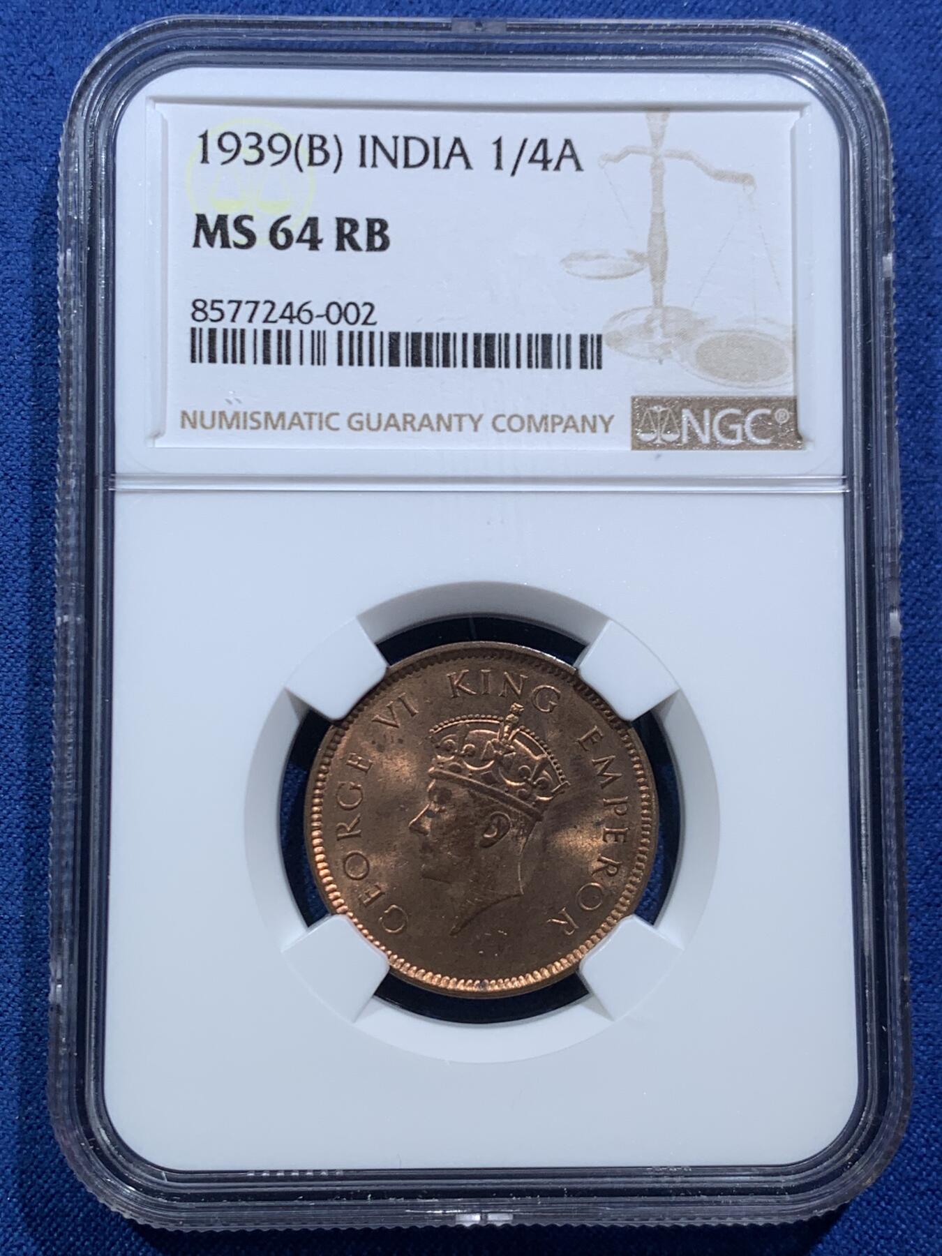 《竞宝斋》第467场 周日，周一 2场连拍 （全场包邮）欢迎送拍 NGC MS64RB 英属印度1939年B版1/4安娜铜币