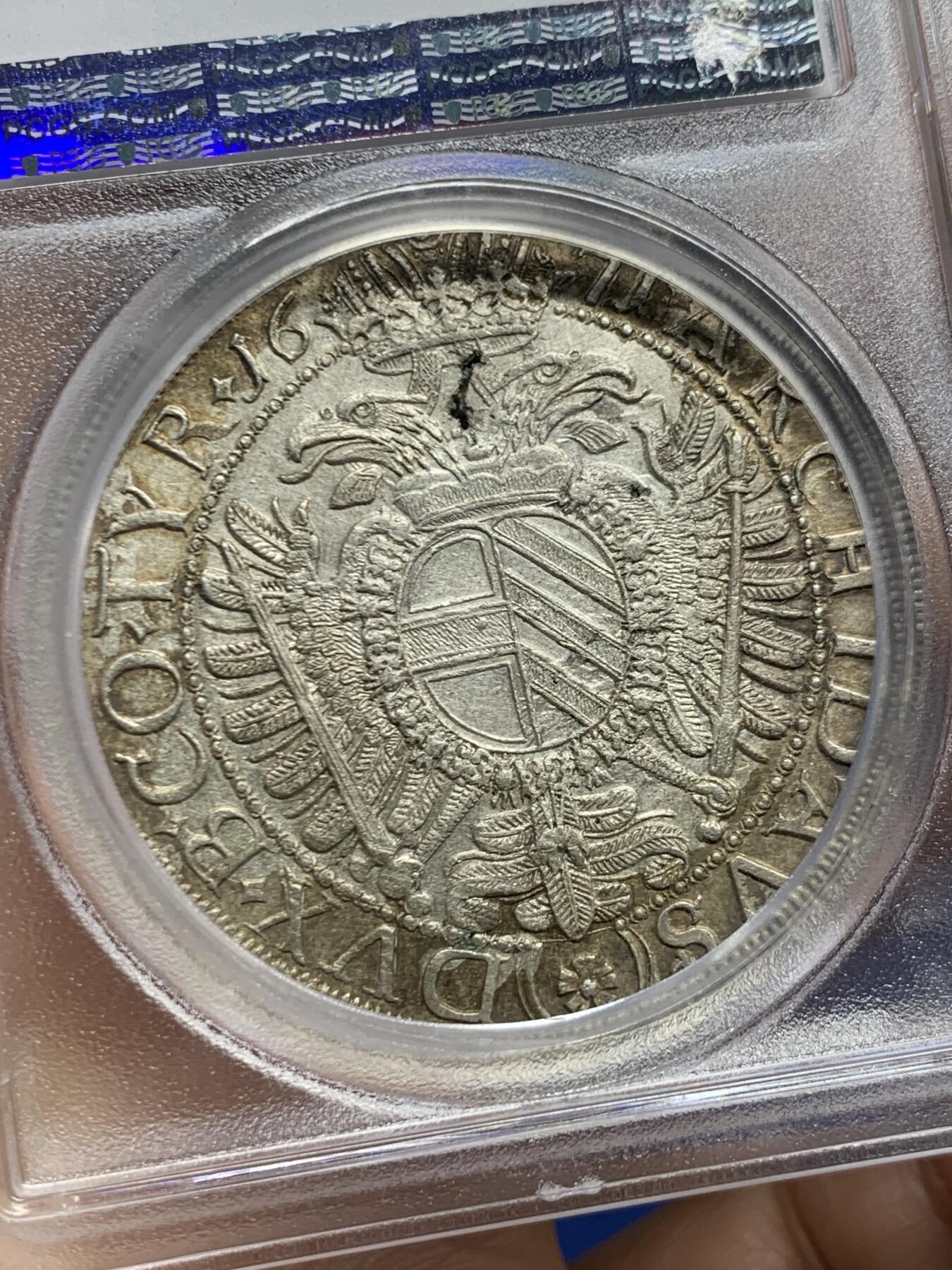 《竞宝斋》第467场 周日，周一 2场连拍 （全场包邮）欢迎送拍 唯一亚军分 PCGS AU58 神圣罗马帝国 1671年 利奥波德一世 猪嘴泰勒大银币 双面深打 这个时期的工艺有这个状态确实不易 加厚盒装