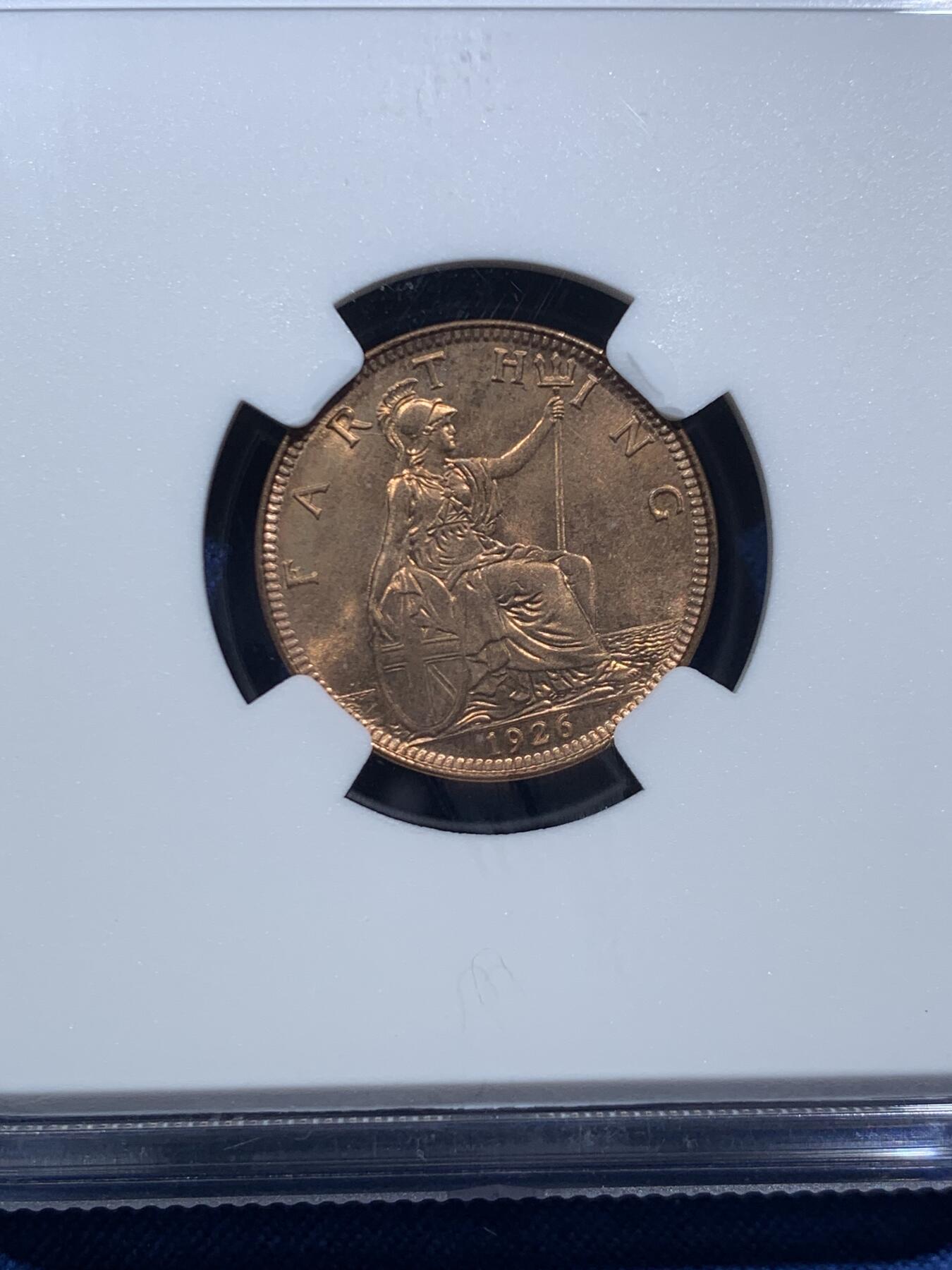 《竞宝斋》第467场 周日，周一 2场连拍 （全场包邮）欢迎送拍 NGC MS65RB 英国 乔治五世国王1926年1法新，1/4便士铜币。第三版头像 相较前两版对于细节的营造更为清晰，整体更加工整。高分难得