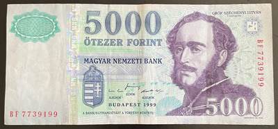 小福收藏拍卖第202期 流通品相裸钞 特惠场 本场全部为欧洲纸币【佣金仅收2% 不设最低佣金 全场包邮】 - 匈牙利 1999年 5000福林 首版 早期年份