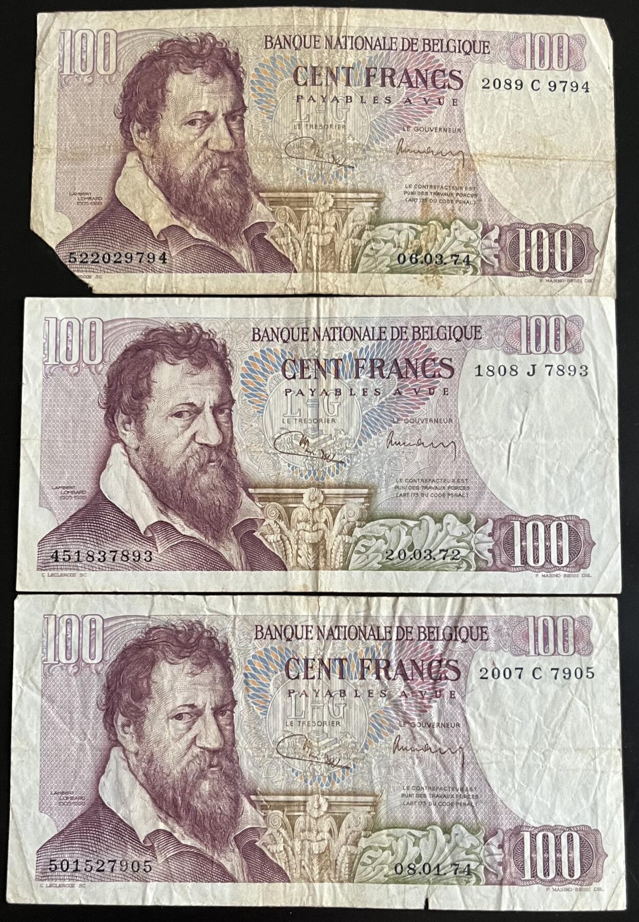 小福收藏拍卖第202期 流通品相裸钞 特惠场 本场全部为欧洲纸币【佣金仅收2% 不设最低佣金 全场包邮】 比利时 1972-74年 100法郎 1组3张