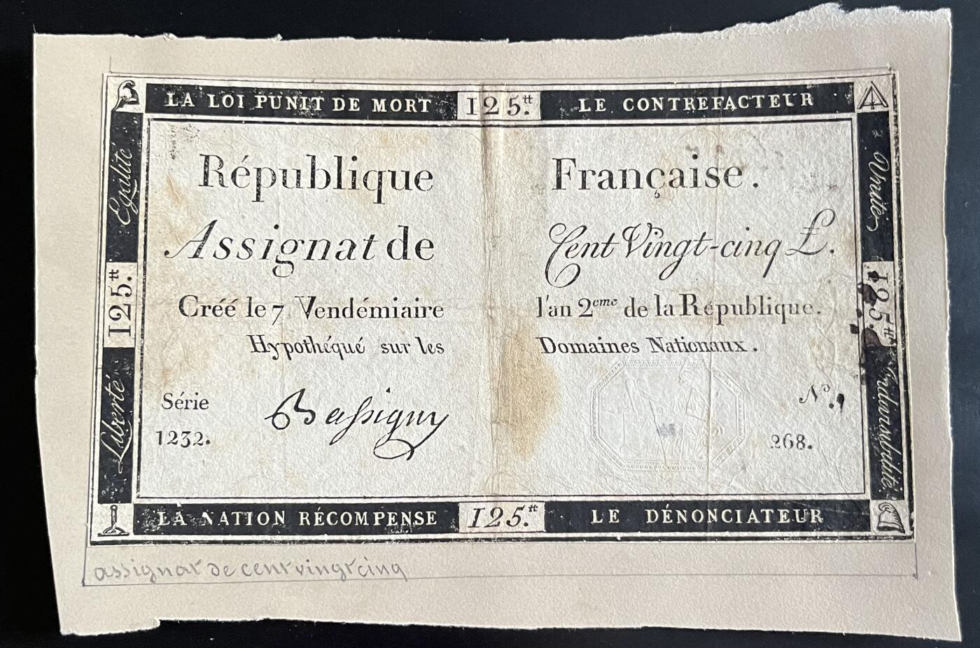 小福收藏拍卖第202期 流通品相裸钞 特惠场 本场全部为欧洲纸币【佣金仅收2% 不设最低佣金 全场包邮】 法国 1793年 125Livres 单面印刷 粘贴在纸卡上