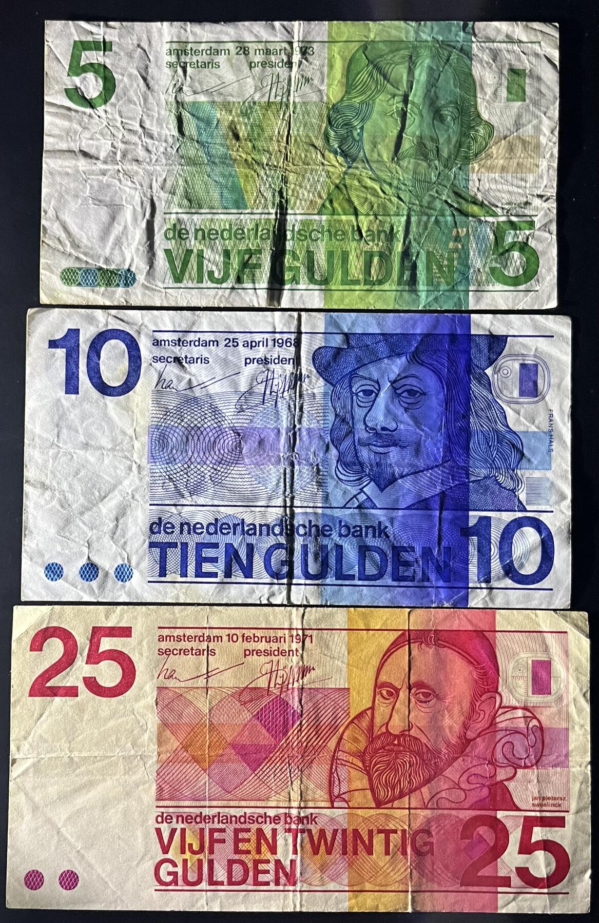 小福收藏拍卖第202期 流通品相裸钞 特惠场 本场全部为欧洲纸币【佣金仅收2% 不设最低佣金 全场包邮】 荷兰 5+10+25盾 人像版 1组3张