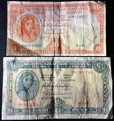 小福收藏拍卖第202期 流通品相裸钞 特惠场 本场全部为欧洲纸币【佣金仅收2% 不设最低佣金 全场包邮】 爱尔兰 1962年 10先令 +1镑 1组2张