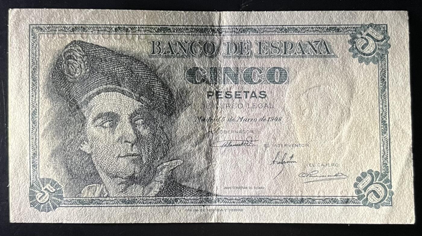 小福收藏拍卖第202期 流通品相裸钞 特惠场 本场全部为欧洲纸币【佣金仅收2% 不设最低佣金 全场包邮】 西班牙 1948年 5比塞塔 AUNC
