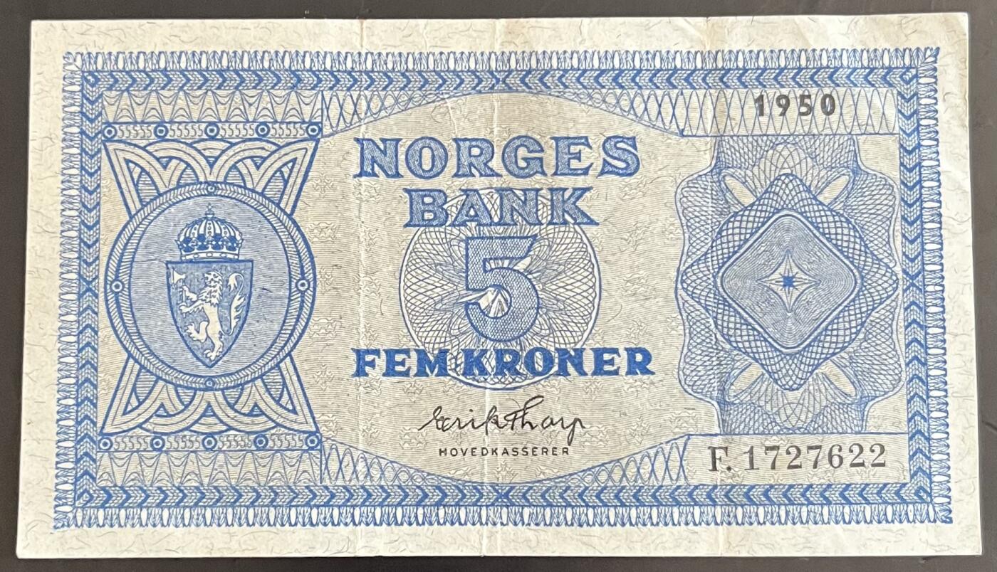 小福收藏拍卖第202期 流通品相裸钞 特惠场 本场全部为欧洲纸币【佣金仅收2% 不设最低佣金 全场包邮】 挪威 1950年 5克朗 XF