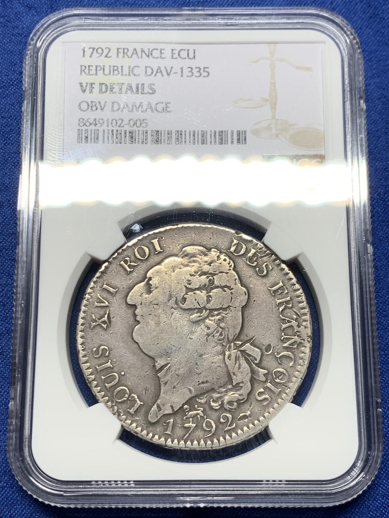 《竞宝斋》第467场 周日，周一 2场连拍 （全场包邮）欢迎送拍 NGC VF 法国1792年路易十六天使埃居 原味品 细节见图