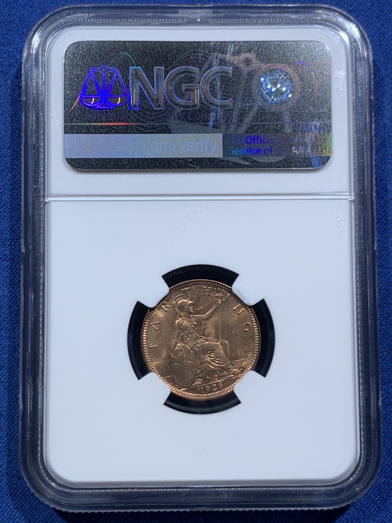 《竞宝斋》第467场 周日，周一 2场连拍 （全场包邮）欢迎送拍 NGC MS65RB 英国 乔治五世国王1926年1法新，1/4便士铜币。第三版头像 相较前两版对于细节的营造更为清晰，整体更加工整。高分难得