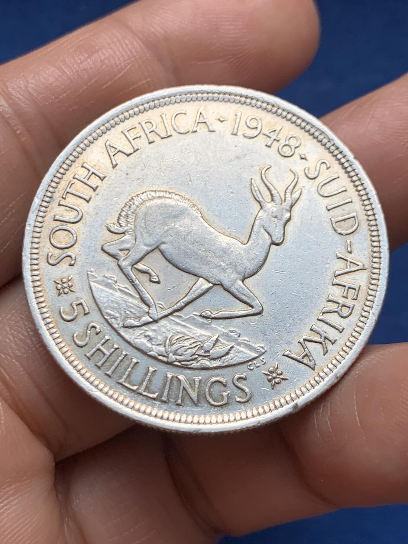 《竞宝斋》第467场 周日，周一 2场连拍 （全场包邮）欢迎送拍 高银版 南非1948年羚羊5先令大银币