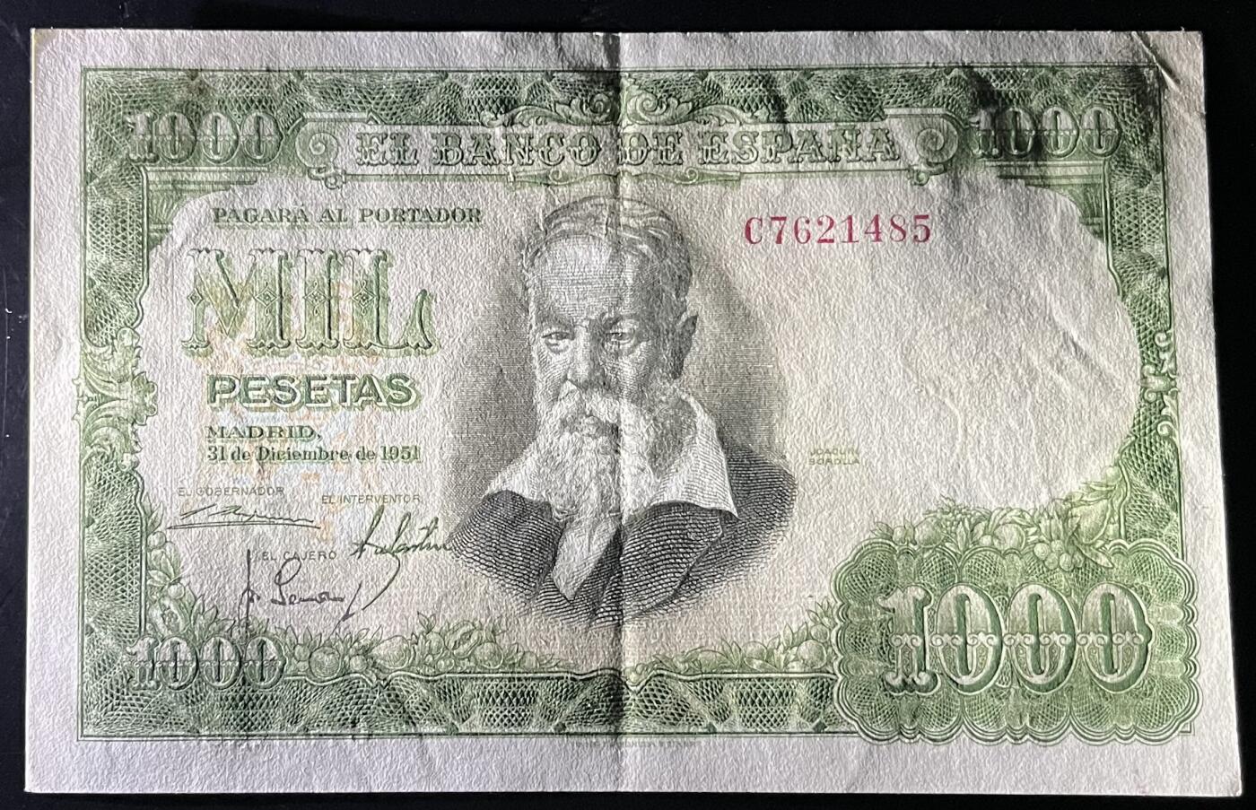 小福收藏拍卖第202期 流通品相裸钞 特惠场 本场全部为欧洲纸币【佣金仅收2% 不设最低佣金 全场包邮】 西班牙 1951年 1000比塞塔 AUNC