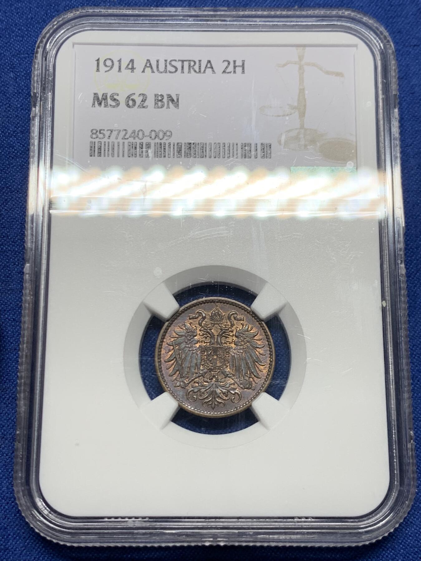 《竞宝斋》第467场 周日，周一 2场连拍 （全场包邮）欢迎送拍 NGC MS62BN 奥地利1914年弗朗茨·约瑟夫一世2H铜币