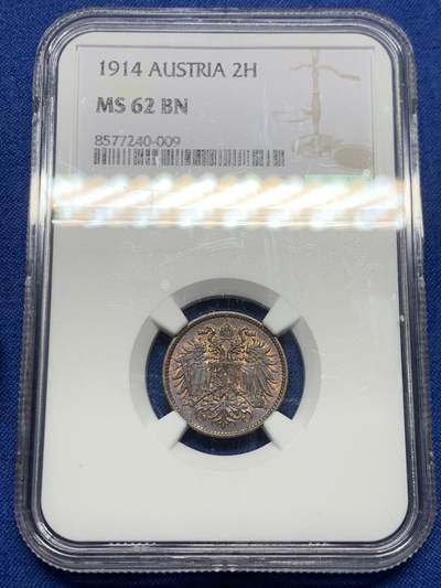 《竞宝斋》第467场 周日，周一 2场连拍 （全场包邮）欢迎送拍 - NGC MS62BN 奥地利1914年弗朗茨·约瑟夫一世2H铜币