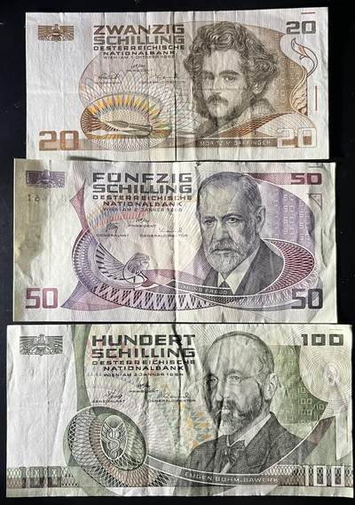 小福收藏拍卖第202期 流通品相裸钞 特惠场 本场全部为欧洲纸币【佣金仅收2% 不设最低佣金 全场包邮】 奥地利 20+50+100先令 1组3张