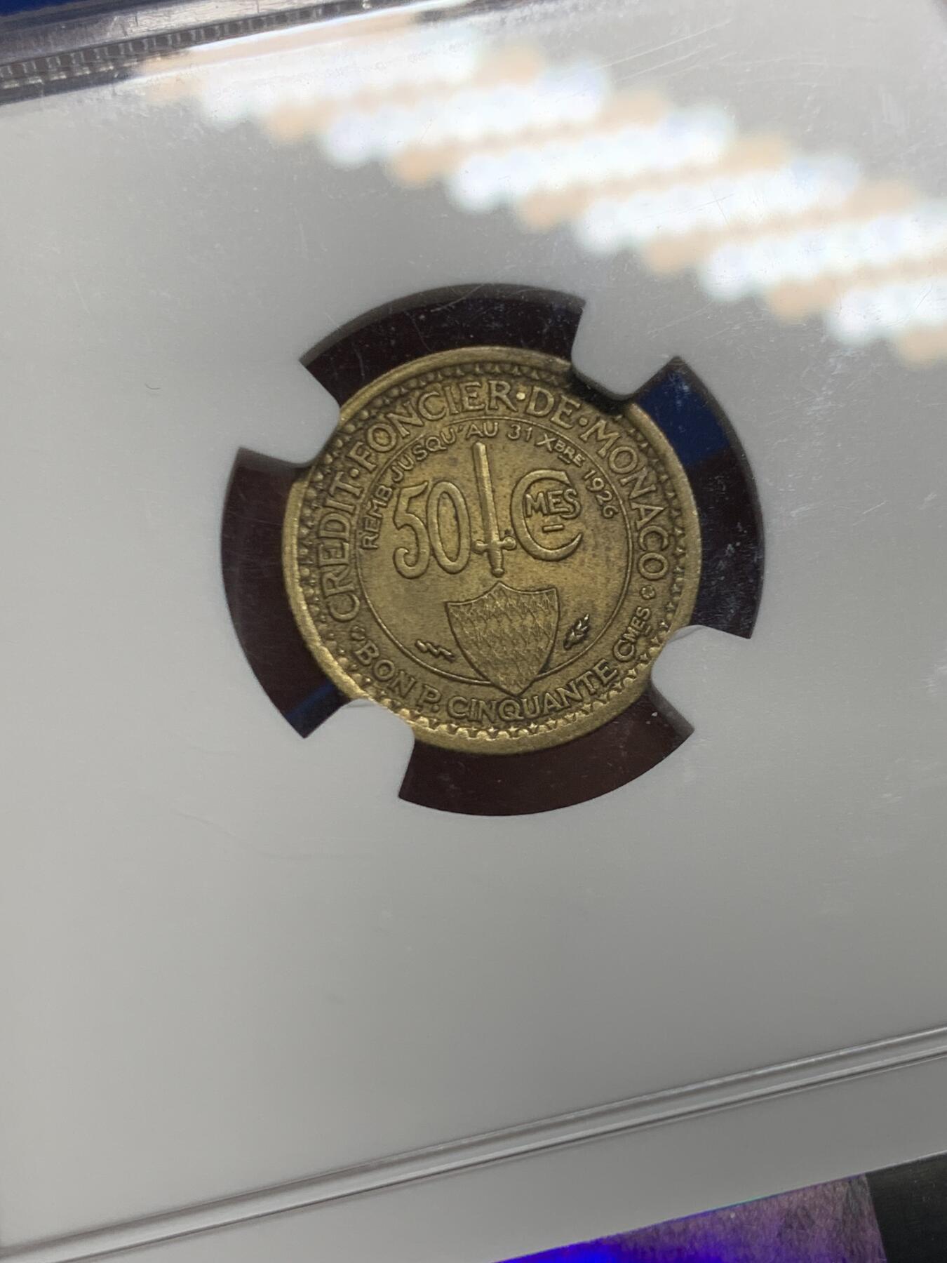 《竞宝斋》第467场 周日，周一 2场连拍 （全场包邮）欢迎送拍 NGC MS62 摩纳哥1924年路易二世50分