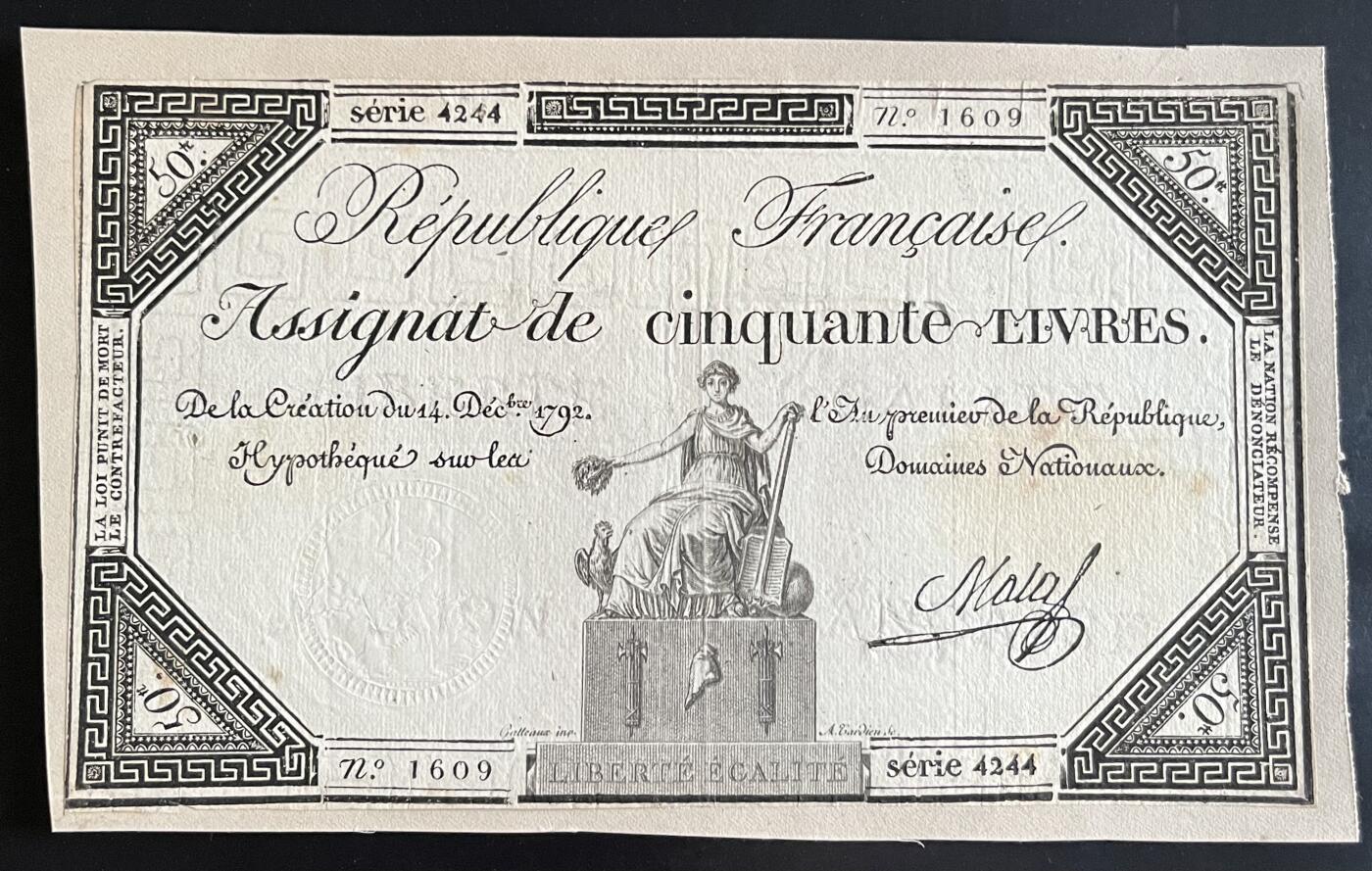 小福收藏拍卖第202期 流通品相裸钞 特惠场 本场全部为欧洲纸币【佣金仅收2% 不设最低佣金 全场包邮】 法国 1792年 50Livres 单面印刷 粘贴在纸卡上