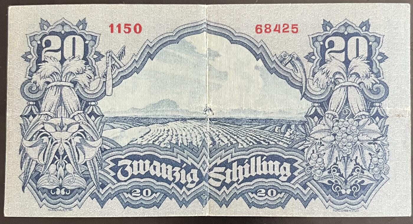 小福收藏拍卖第202期 流通品相裸钞 特惠场 本场全部为欧洲纸币【佣金仅收2% 不设最低佣金 全场包邮】 奥地利 1945年 20先令 AUNC