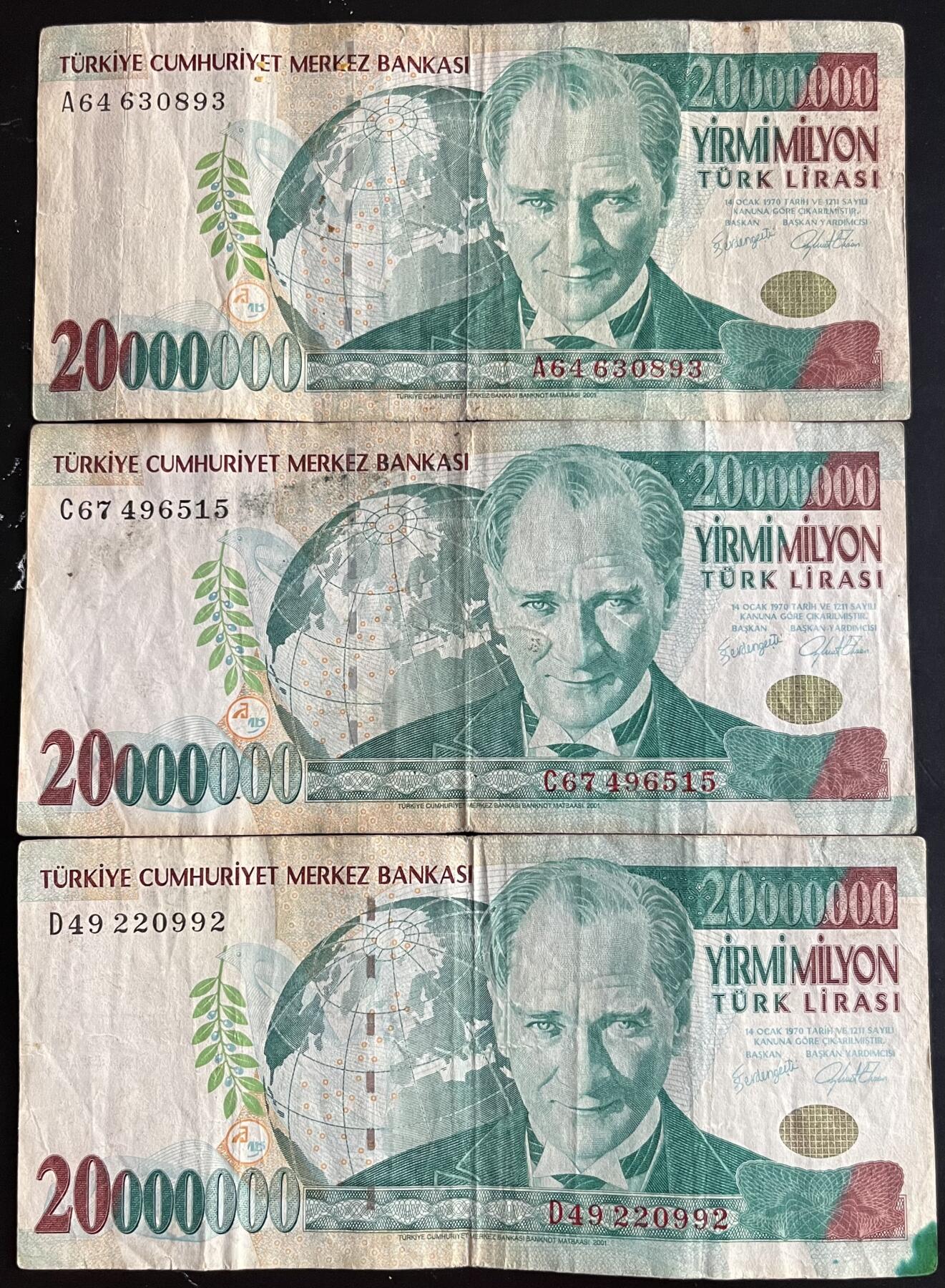 小福收藏拍卖第201期 流通品相裸钞 特惠场 本场拍卖美洲大洋洲非洲亚洲纸币【佣金仅收2% 不设最低佣金 全场包邮】 土耳其 2000年 20000000里拉 1组3张