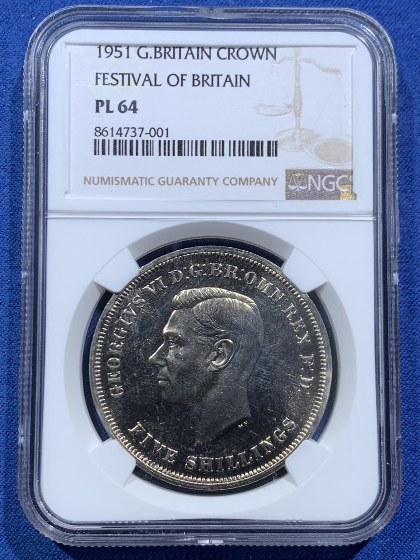 《竞宝斋》第467场 周日，周一 2场连拍 （全场包邮）欢迎送拍 NGC PL64 英国1951年乔治六世镍马剑克朗 不列颠节主题，乔治六世本人渴望拥有的圣乔治屠龙设计主币，也是最后一版以流通币出现的马剑克朗。