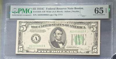 Gem Unc 美国纸币 1934年C版 5美元纸币 Pmg 65E - Gem Unc 美国纸币 1934年C版 5美元纸币 Pmg 65E
