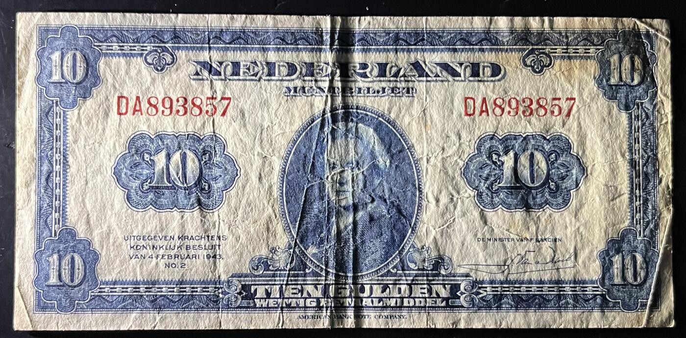 小福收藏拍卖第202期 流通品相裸钞 特惠场 本场全部为欧洲纸币【佣金仅收2% 不设最低佣金 全场包邮】 荷兰 1943年 10盾