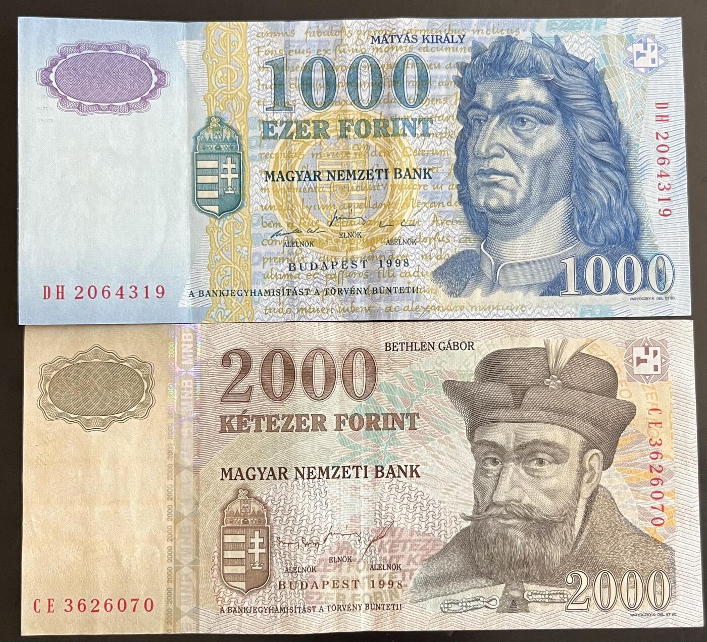 小福收藏拍卖第202期 流通品相裸钞 特惠场 本场全部为欧洲纸币【佣金仅收2% 不设最低佣金 全场包邮】 匈牙利 1998年 1000+2000福林 首版 1组2张