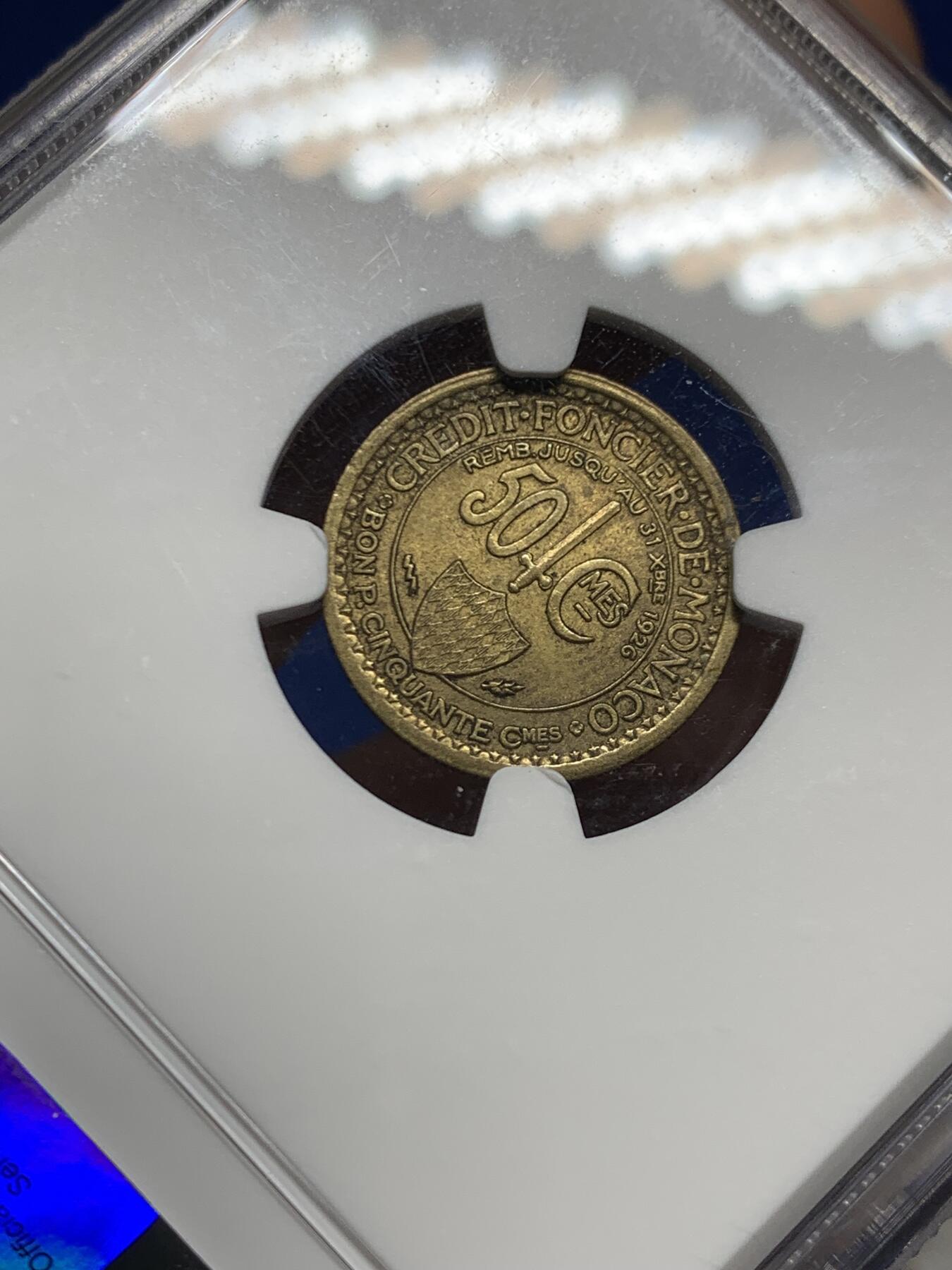 《竞宝斋》第467场 周日，周一 2场连拍 （全场包邮）欢迎送拍 NGC MS62 摩纳哥1924年路易二世50分