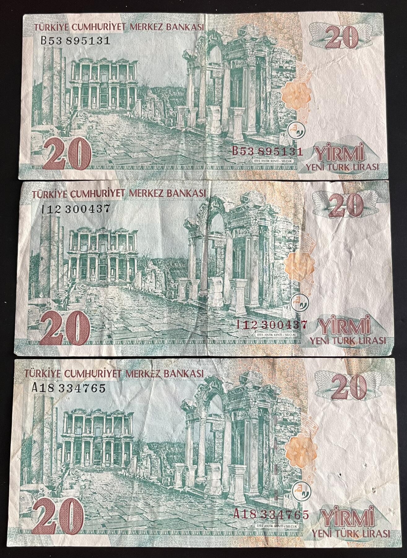 小福收藏拍卖第201期 流通品相裸钞 特惠场 本场拍卖美洲大洋洲非洲亚洲纸币【佣金仅收2% 不设最低佣金 全场包邮】 土耳其 2005年 20里拉 1组3张