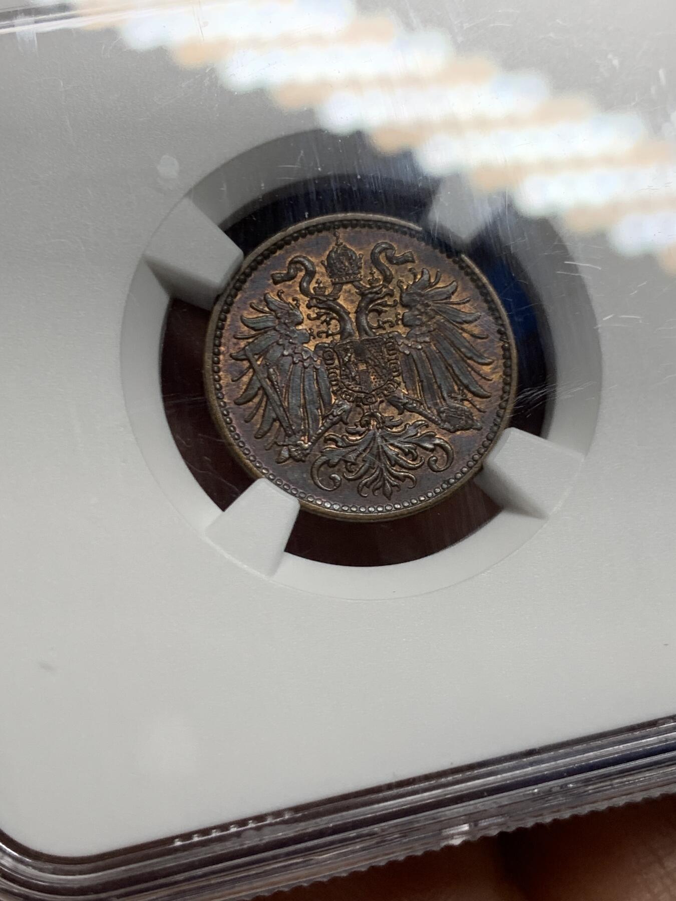 《竞宝斋》第467场 周日，周一 2场连拍 （全场包邮）欢迎送拍 NGC MS62BN 奥地利1914年弗朗茨·约瑟夫一世2H铜币