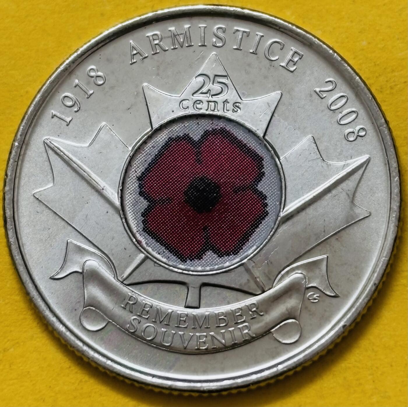 文馨钱币收藏第 295 场，（元宵场）各种银币散币纪念章，长期接代拍业务 全新加拿大2008年25分彩色纪念币 红色罂粟花