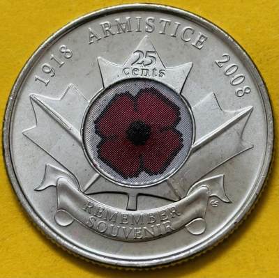 文馨钱币收藏第 295 场，（元宵场）各种银币散币纪念章，长期接代拍业务 - 全新加拿大2008年25分彩色纪念币 红色罂粟花