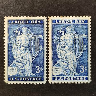 ↓君缘收藏752期☞钱币邮品↓无佣金、可寄存、满30元包邮  - 美国邮票，1956年劳动节 卢门·温特创作的马赛克镶嵌画手持《圣经》的工人家庭邮票雕刻版1全，随机发一枚