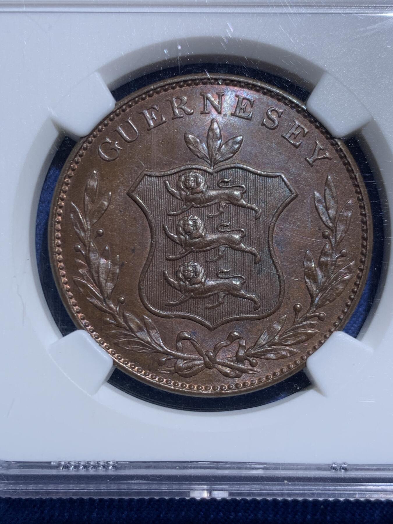 《竞宝斋》第467场 周日，周一 2场连拍 （全场包邮）欢迎送拍 NGC MS64BN 英国皇家属地根西岛1834年8道布大铜币，首版首年份厚重大铜币， 狮鬃狮脸轮廓清晰