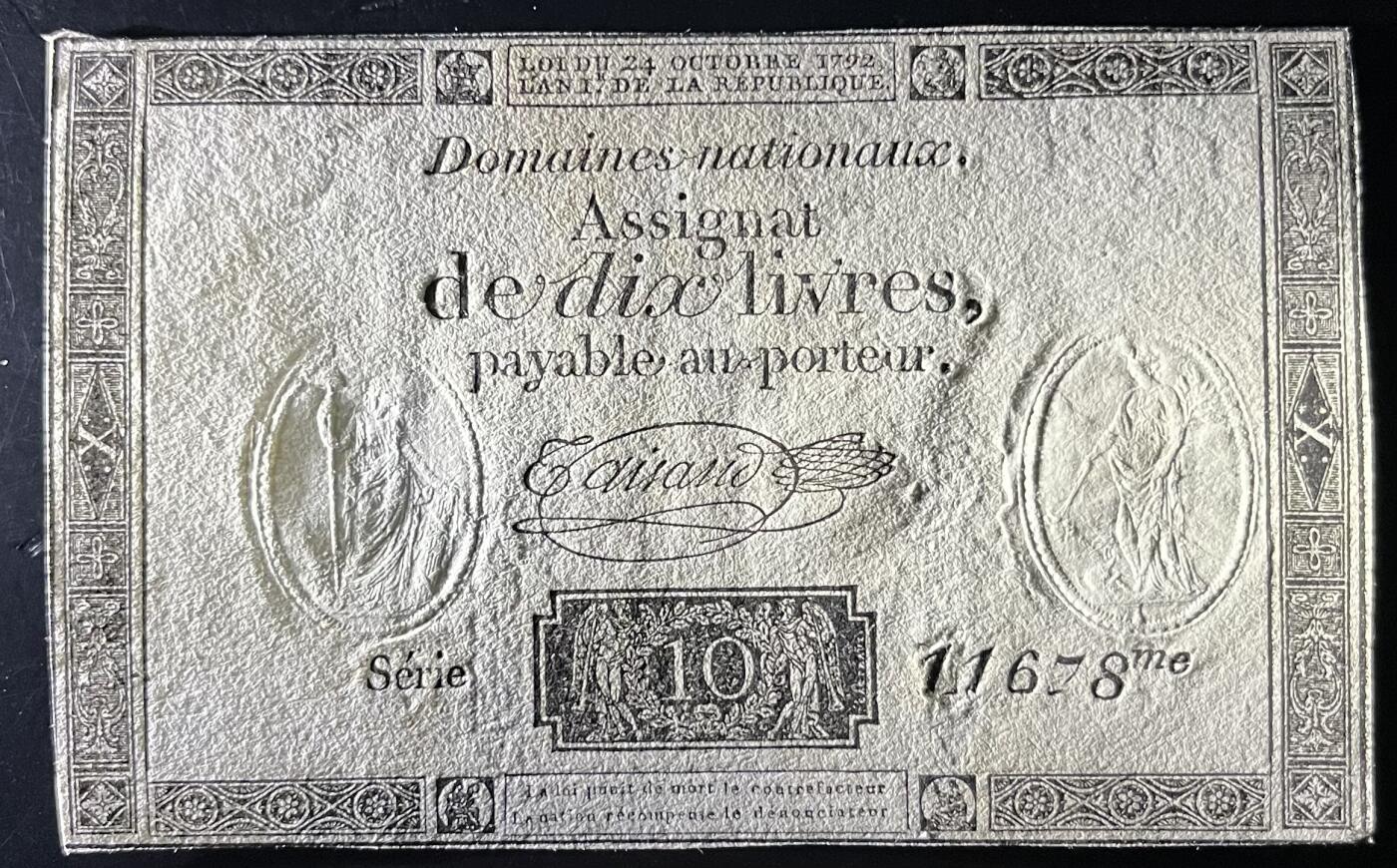 小福收藏拍卖第202期 流通品相裸钞 特惠场 本场全部为欧洲纸币【佣金仅收2% 不设最低佣金 全场包邮】 法国 1792年 10Livres AUNC