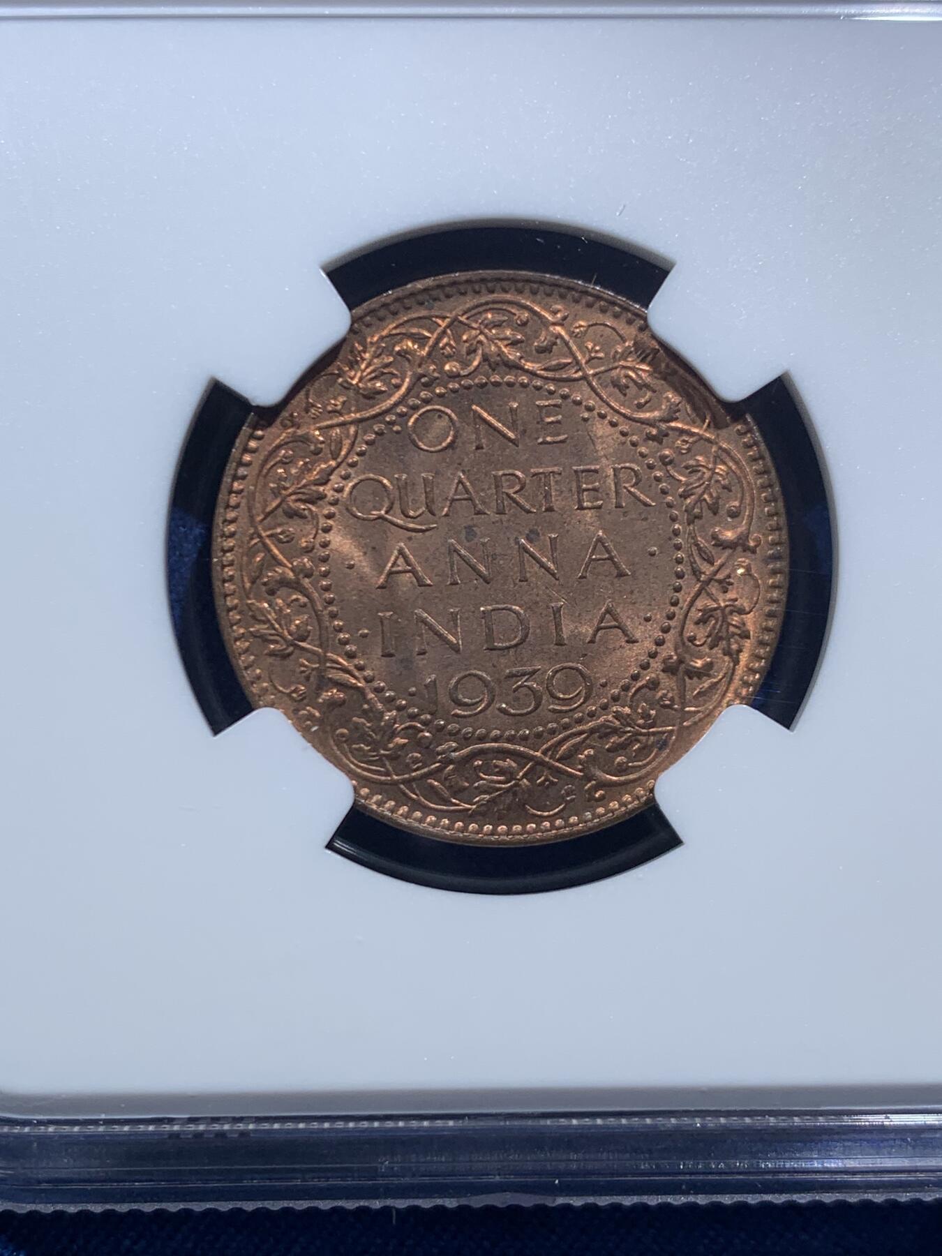 《竞宝斋》第467场 周日，周一 2场连拍 （全场包邮）欢迎送拍 NGC MS64RB 英属印度1939年B版1/4安娜铜币