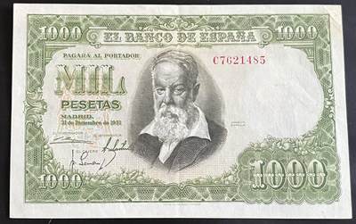 小福收藏拍卖第202期 流通品相裸钞 特惠场 本场全部为欧洲纸币【佣金仅收2% 不设最低佣金 全场包邮】 - 西班牙 1951年 1000比塞塔 AUNC
