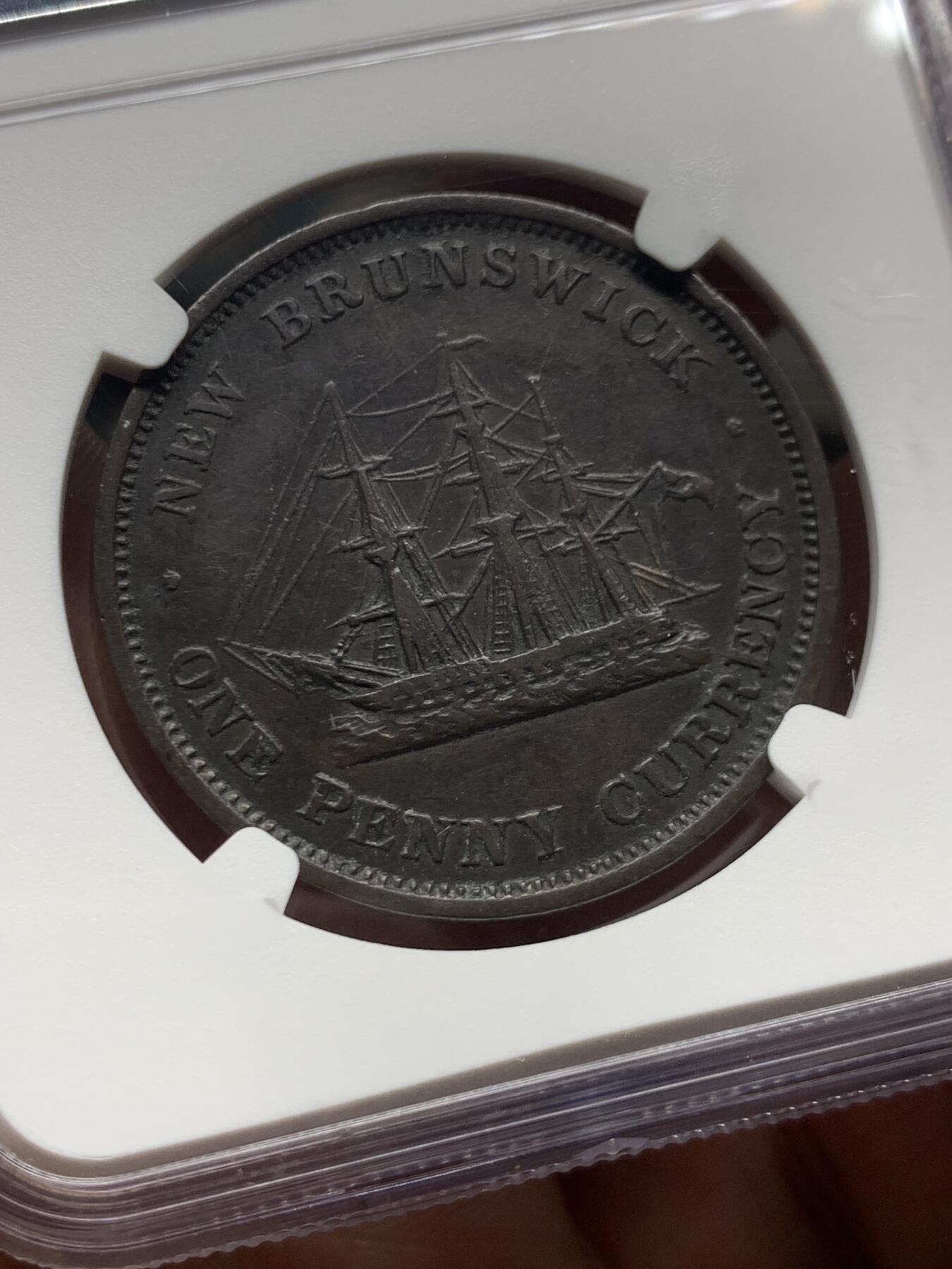 《竞宝斋》第467场 周日，周一 2场连拍 （全场包邮）欢迎送拍 NGC VF35BN 加拿大新不伦瑞克1854年维多利亚女王侧像1便士铜币