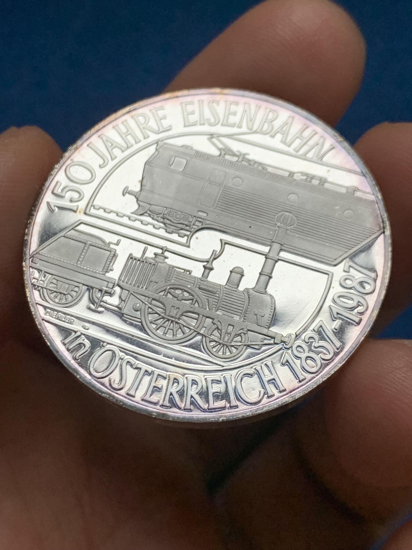 《竞宝斋》第467场 周日，周一 2场连拍 （全场包邮）欢迎送拍 1987年奥地利铁路150周年500先令纪念银币 925银 24克