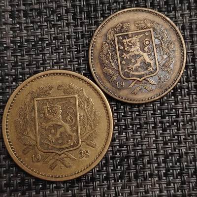 布加迪🐬～世界钱币(上海)🌾第 277 期 /  各国套币和散币 - 芬兰🇫🇮 1932/1938年 10/20马克铜币2枚 ~C18