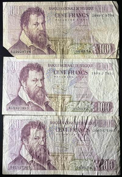 小福收藏拍卖第202期 流通品相裸钞 特惠场 本场全部为欧洲纸币【佣金仅收2% 不设最低佣金 全场包邮】 比利时 1972-74年 100法郎 1组3张