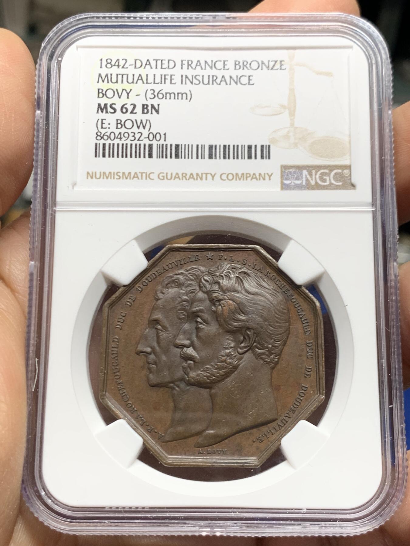 《竞宝斋》第467场 周日，周一 2场连拍 （全场包邮）欢迎送拍 NGC MS62BN 法国1842年杜多维尔保险奖章 八角型铜章 少见品 早期油灯边铭