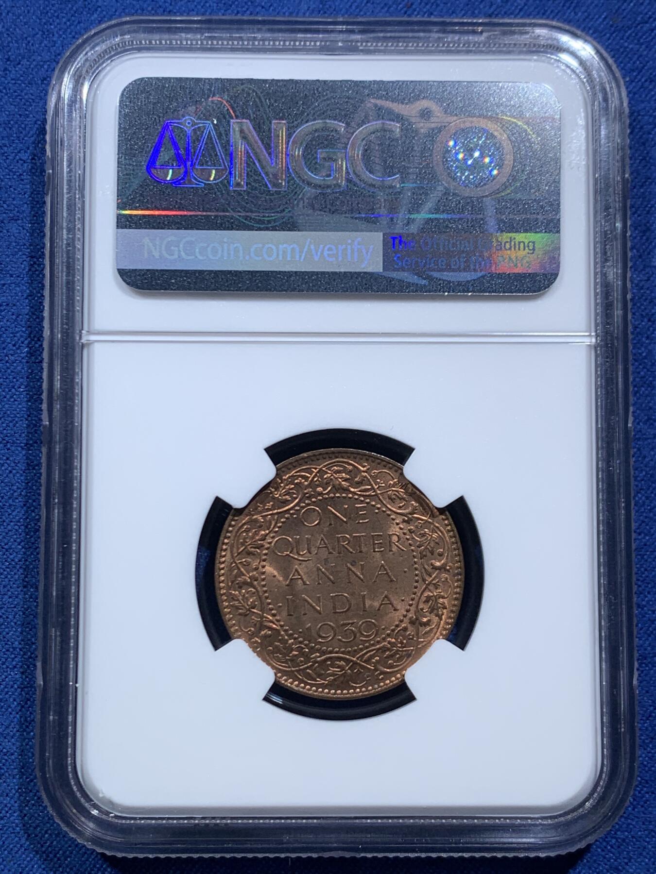 《竞宝斋》第467场 周日，周一 2场连拍 （全场包邮）欢迎送拍 NGC MS64RB 英属印度1939年B版1/4安娜铜币