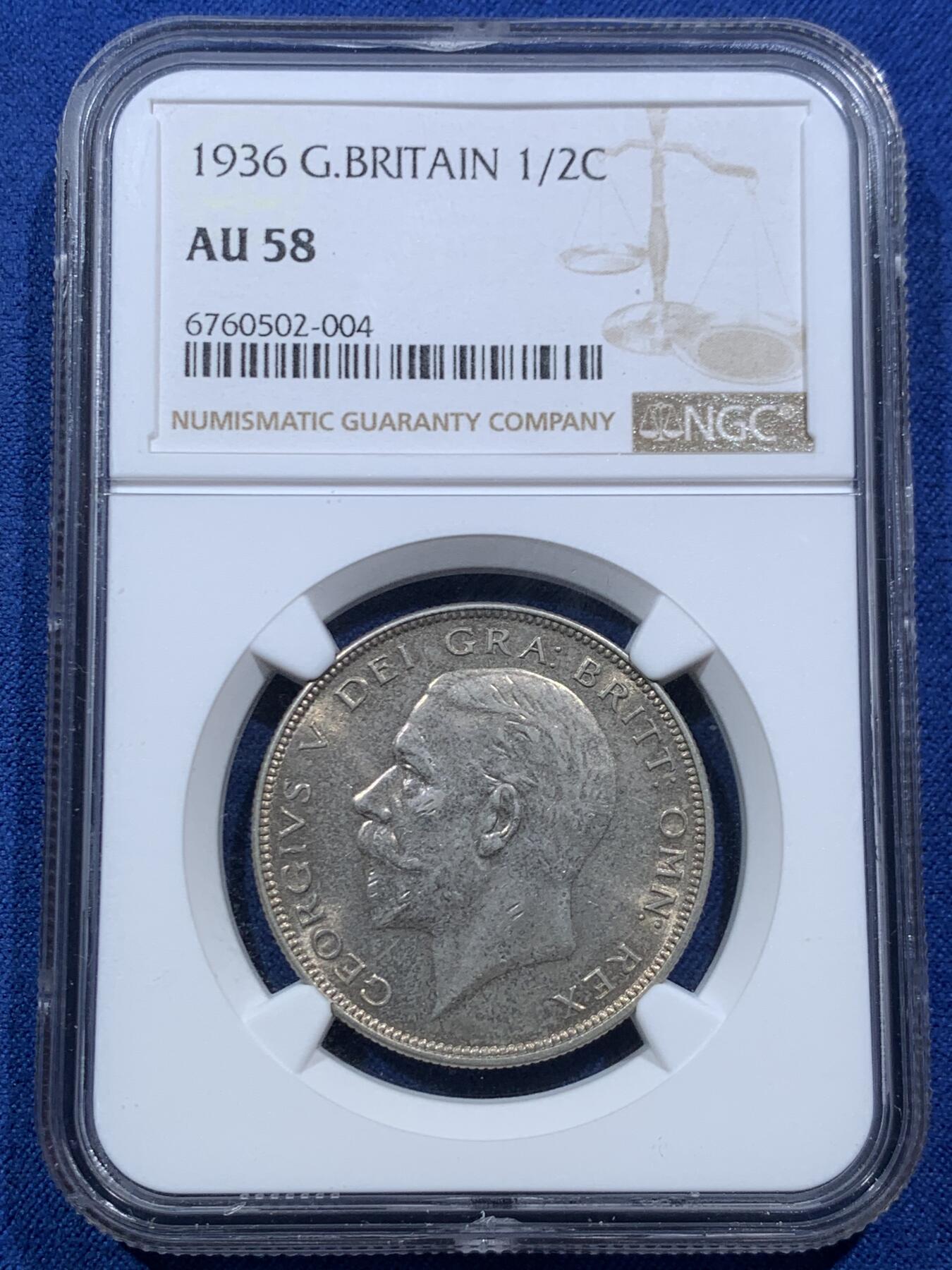 《竞宝斋》第467场 周日，周一 2场连拍 （全场包邮）欢迎送拍 NGC AU58 英国1936年乔治五世半克朗银币