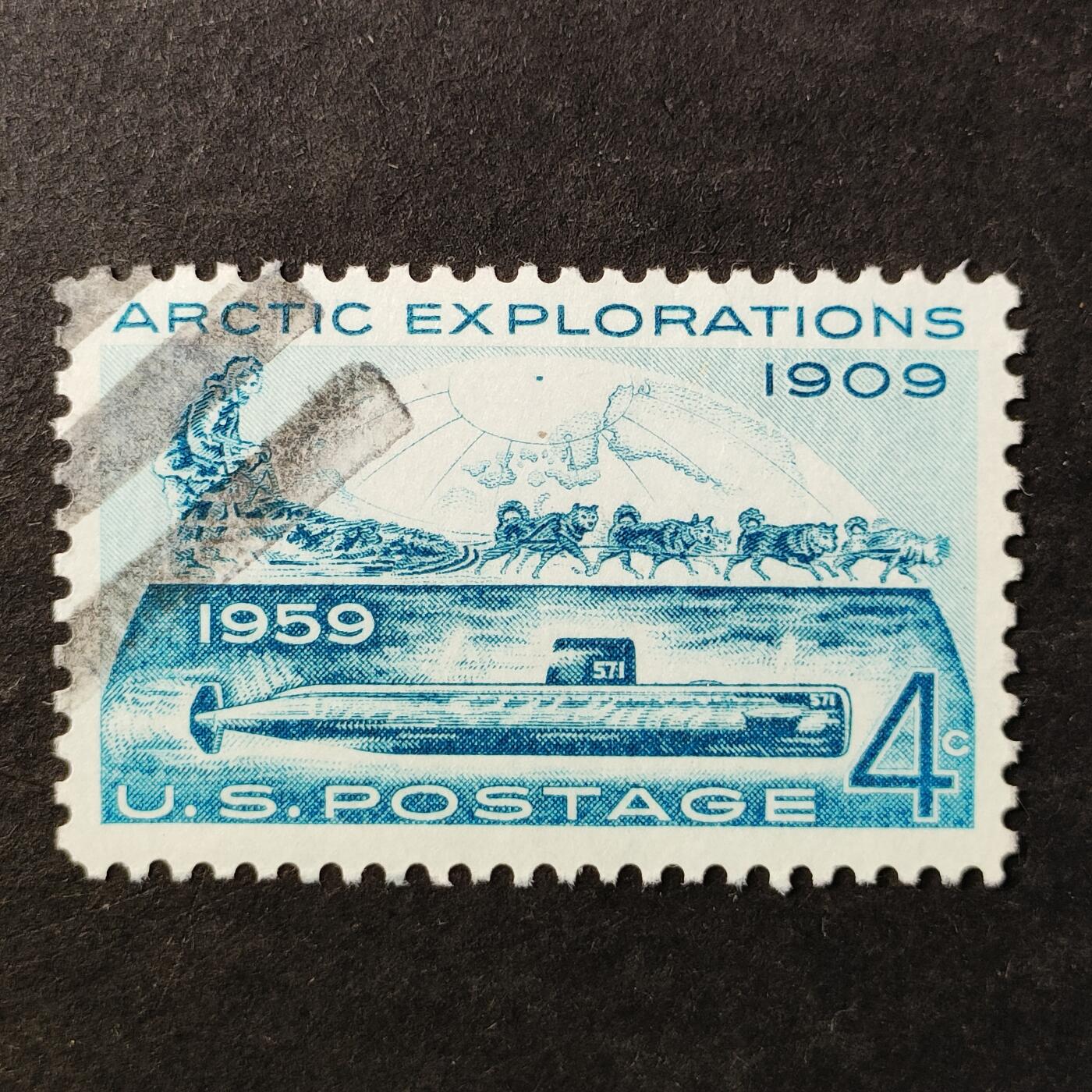 ↓君缘收藏752期☞钱币邮品↓无佣金、可寄存、满30元包邮  美国邮票，1959年极地考察:罗伯特·埃德温·皮里北极点探险50周年·“鹦鹉螺”号核动力潜艇冰下航行邮票雕刻版1全