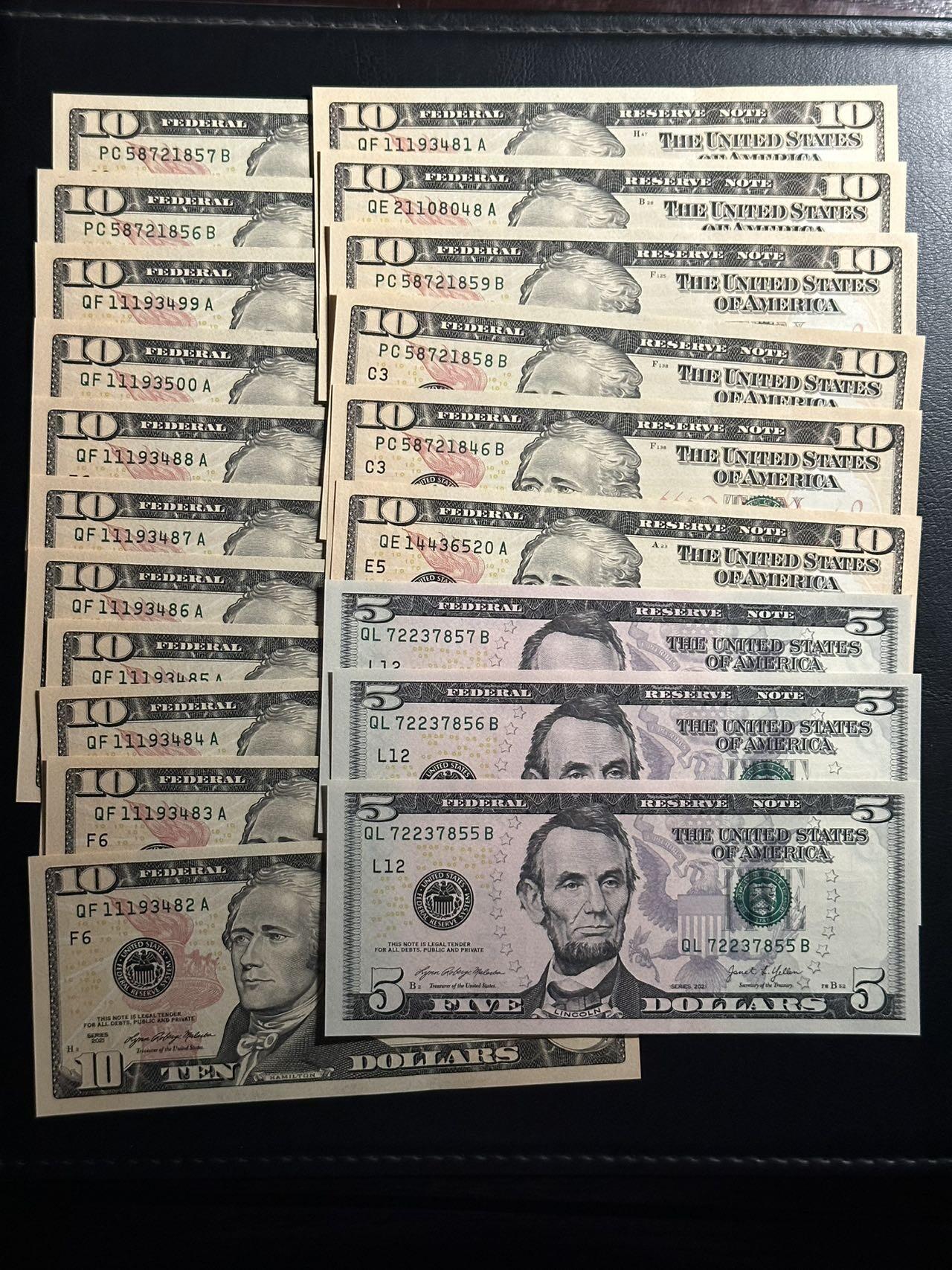 丙午马年开年第三场（大更新） 美国1$*21，5$*3，10$*17，累计41张，306$。未流通品相！有很多都是连号的，厂别，年份如图。