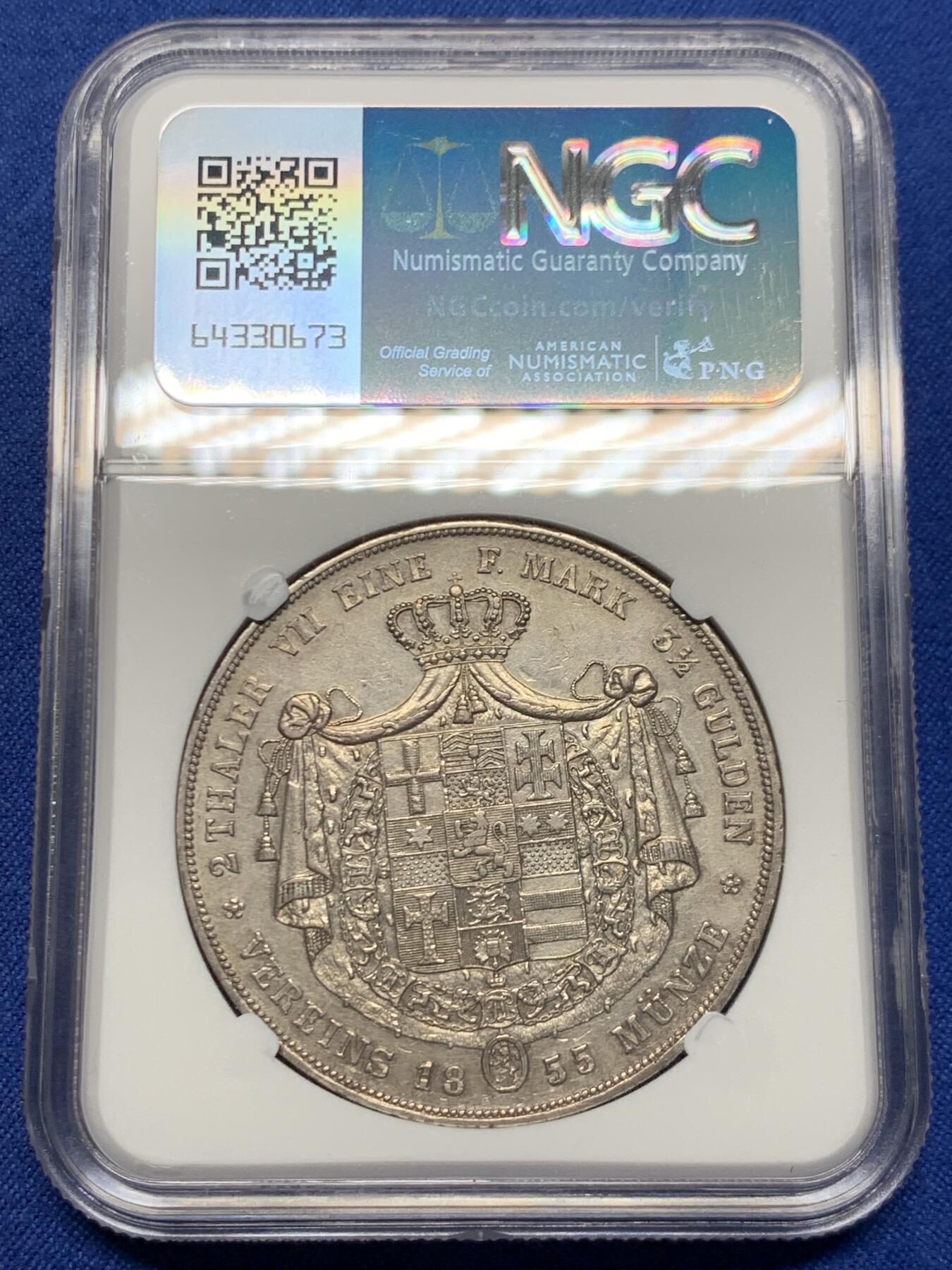 《竞宝斋》第467场 周日，周一 2场连拍 （全场包邮）欢迎送拍 NGC AU 德国 1855年 黑森卡塞尔 2泰勒大银币 37克大窗帘 细节保存的很好