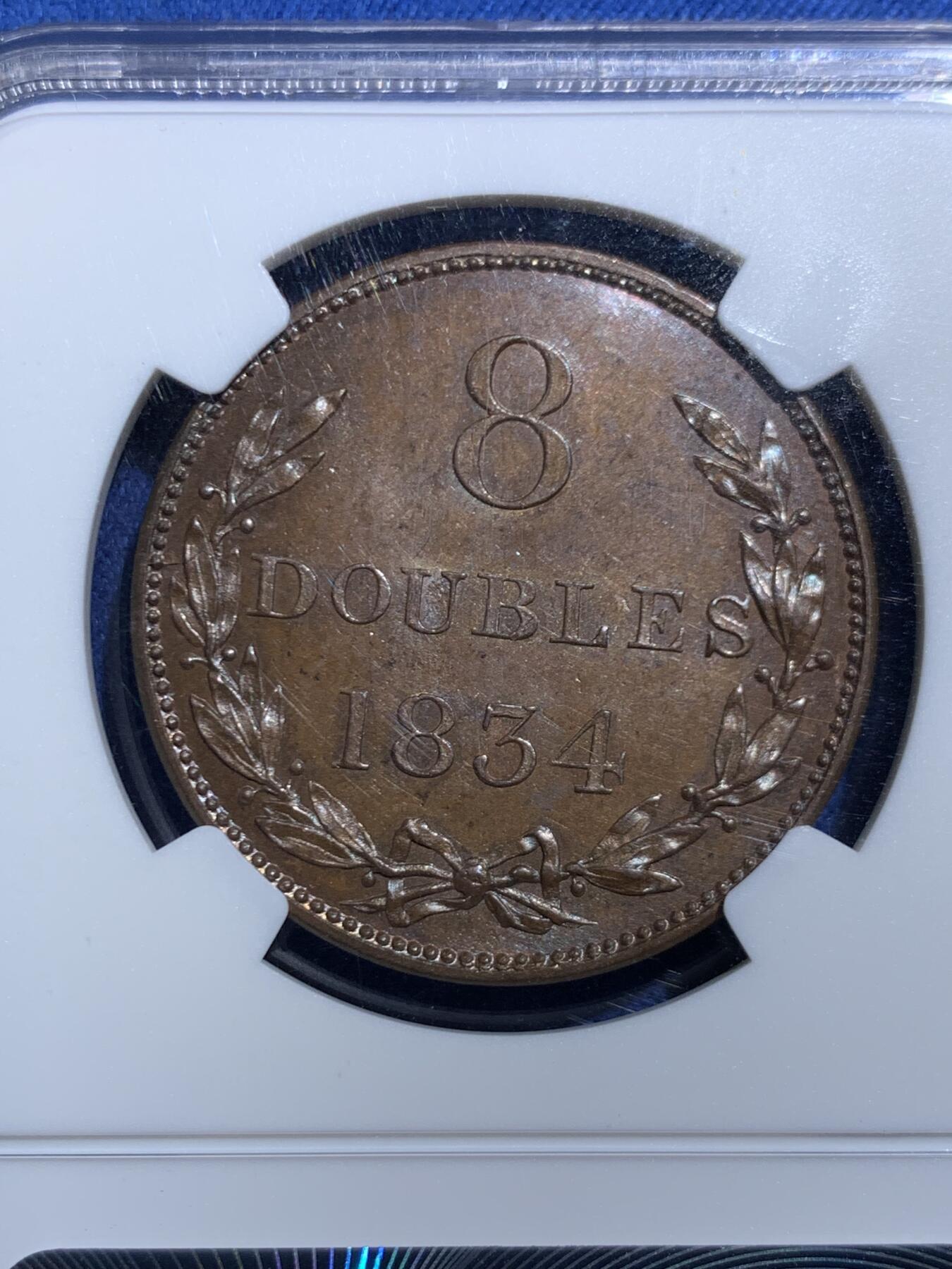 《竞宝斋》第467场 周日，周一 2场连拍 （全场包邮）欢迎送拍 NGC MS64BN 英国皇家属地根西岛1834年8道布大铜币，首版首年份厚重大铜币， 狮鬃狮脸轮廓清晰