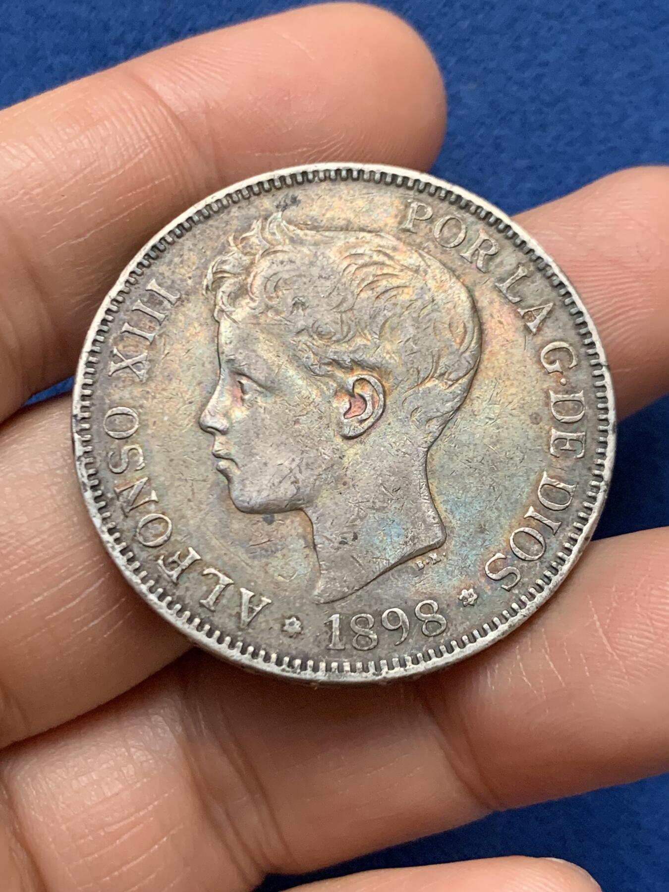 《竞宝斋》第467场 周日，周一 2场连拍 （全场包邮）欢迎送拍 西班牙 1898年 阿方索十三世 5比塞塔银币 原味包浆 24.5g